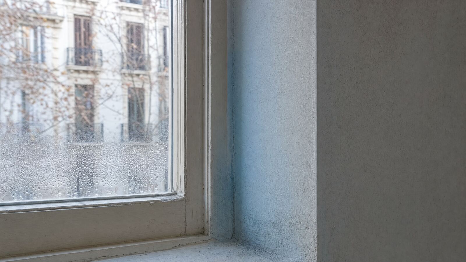 Trobada entre finestra i paret exterior amb gotes de condensació al vidre i una franja més freda marcada en blau al marc i a la cantonada.